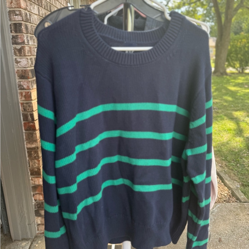 GAP Women's Navy and Green Striped Sweater
